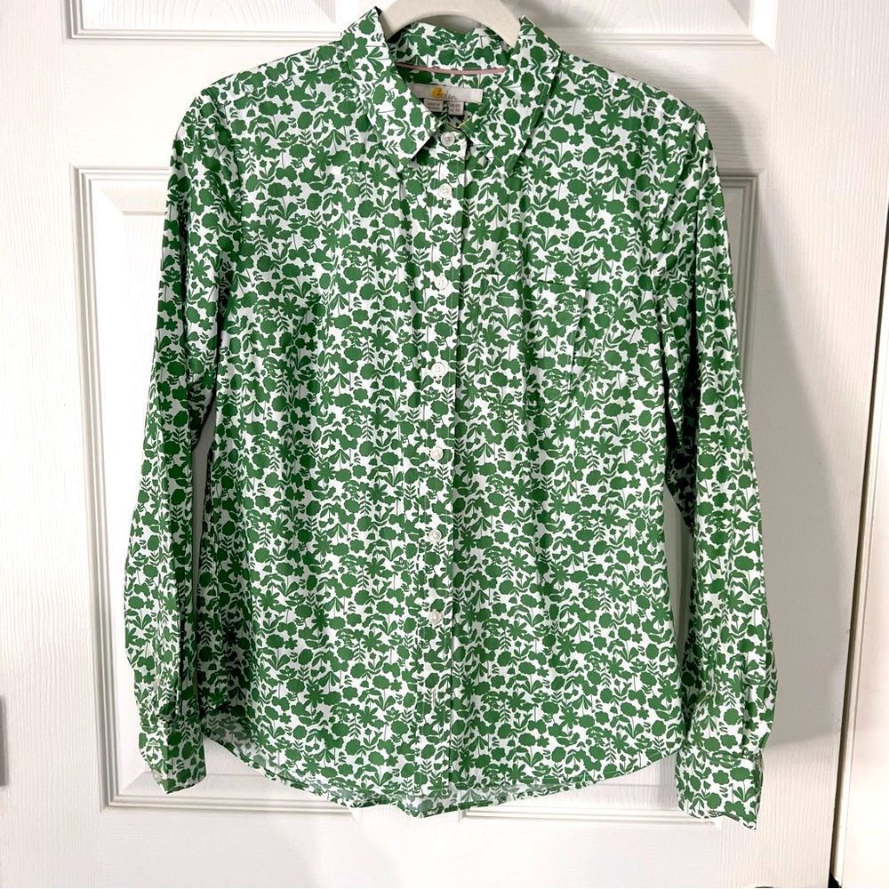 Boden 100% cotton Green and white classic button down long sleeve shirt EUC